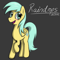 Size: 1000x1000 | Tagged: safe, artist:abluskittle, sunshower raindrops, pegasus, pony, g4, female, gray background, mare, raised hoof, signature, simple background, solo