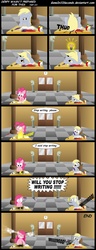 Size: 1110x2880 | Tagged: safe, artist:gonein10seconds, derpy hooves, pinkie pie, pegasus, pony, g4, comic, female, fire, mare, mr bean, pinkamena diane pie, test