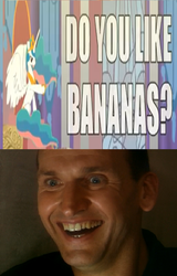 Size: 549x860 | Tagged: safe, princess celestia, alicorn, human, pony, g4, banana, do you like bananas?, doctor who, female, friendship is magic bitch, irl, mare, megaphone, ninth doctor, out of context, peacoat, photo