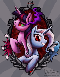 Size: 943x1200 | Tagged: safe, artist:whitestar1802, trixie, twilight sparkle, g4, dark magic, sombra eyes