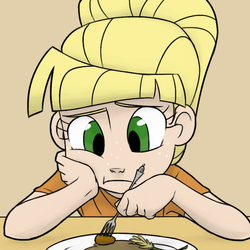 Size: 600x600 | Tagged: safe, artist:thelivingmachine02, applejack, human, g4, the cutie mark chronicles, colored, food, fork, humanized, manehatten applejack