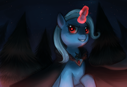 Size: 1280x880 | Tagged: dead source, safe, artist:cherivinca, trixie, pony, unicorn, g4, alicorn amulet, cape, clothes, female, glowing horn, horn, mare, night, night sky, sky, smiling, solo, tree