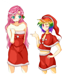 Size: 2400x2900 | Tagged: safe, artist:applestems, fluttershy, rainbow dash, human, g4, belly, blushing, christmas, clothes, dress, hearth's warming, humanized, midriff, simple background, skirt, transparent background