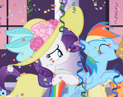 Size: 500x393 | Tagged: safe, screencap, applejack, rainbow dash, rarity, pegasus, pony, unicorn, g4, season 2, sweet and elite, balloon, butt touch, confetti, conga, duo focus, female, hoof on butt, mare