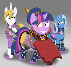 Size: 919x859 | Tagged: safe, artist:scyphi, prince blueblood, trixie, twilight sparkle, g4, alternate universe, eyepatch, fanfic, monocle, trio