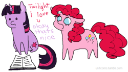 Size: 683x385 | Tagged: safe, artist:un1corns, pinkie pie, twilight sparkle, g4, book, female, lesbian, ship:twinkie, shipping