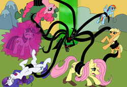 Size: 2760x1888 | Tagged: safe, artist:i3b4eva, applejack, fluttershy, pinkie pie, rainbow dash, rarity, twilight sparkle, demon, earth pony, pegasus, pony, unicorn, g4, crossover, crying, equestria is doomed, eyes closed, female, flying, force field, glare, gritted teeth, magic, mane six, mare, nergal, on back, open mouth, rearing, screaming, smiling, spread wings, tentacles, the grim adventures of billy and mandy, unicorn twilight, upside down, wide eyes, wink
