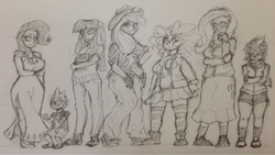 Size: 1280x721 | Tagged: safe, artist:uc77, applejack, fluttershy, pinkie pie, rainbow dash, rarity, spike, twilight sparkle, human, g4, clothes, grayscale, humanized, mane seven, monochrome, traditional art