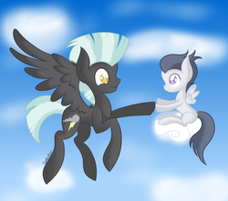 Size: 1540x1362 | Tagged: safe, artist:simbafan09, rumble, thunderlane, pegasus, pony, g4, backwards cutie mark, brothers, cloud, cloudy, colt, cute, flying, hoofbump, male, siblings, sitting, stallion