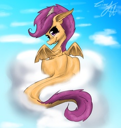 Size: 1264x1334 | Tagged: safe, artist:linnyillustrates, scootaloo, dragon, g4, cloud, cloudy, dragonified, female, scootadragon, solo, species swap