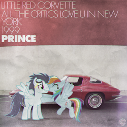 Size: 800x800 | Tagged: safe, artist:adrianimpalamata, rainbow dash, soarin', pony, g4, album cover, car, cheek kiss, chevrolet, chevrolet corvette, corvette, corvette c2, duo, female, irl, kissing, male, music, photo, ponies in real life, prince (musician), ship:soarindash, shipping, song, straight, vector