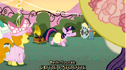 Size: 480x270 | Tagged: safe, edit, edited screencap, screencap, bon bon, carrot top, eclair créme, golden harvest, perfect pace, rarity, sweetie drops, twilight sparkle, g4, sweet and elite, :p, adorkable, animated, birthday dress, boss subtitles, clothes, cute, dancing, do the sparkle, dork, dress, eyes closed, parody, raised hoof, raised leg, the legend of zelda, tongue out