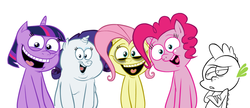 Size: 1024x443 | Tagged: safe, artist:hotdiggedydemon, fluttershy, pinkie pie, rarity, spike, twilight sparkle, swag.mov, g4, cute, slaverty