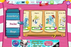 Size: 960x640 | Tagged: safe, gameloft, fleetfoot, hondo flanks, prince blueblood, rainbow dash, skunk, g4, gem, littlest pet shop, pepper clark