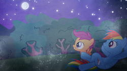 Size: 1920x1080 | Tagged: safe, artist:adrianimpalamata, rainbow dash, scootaloo, g4, moon, wallpaper