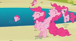 Size: 1581x863 | Tagged: safe, edit, edited screencap, screencap, pinkie pie, earth pony, pony, g4, too many pinkie pies, caption, eyes closed, female, god, mare, ponies riding ponies, text, youtube caption, youtube link