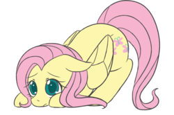 Size: 1021x678 | Tagged: safe, artist:pimpinkenji, fluttershy, pony, g4, cute, face down ass up, female, floppy ears, frown, looking at you, no more ponies at source, shyabetes, simple background, solo, transparent background