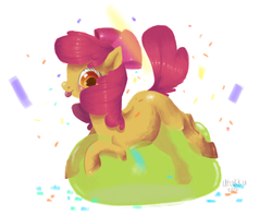 Size: 960x759 | Tagged: safe, artist:1eg, apple bloom, g4, balloon, balloon riding, blank flank, confetti, riding, that pony sure does love balloons