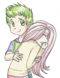 Size: 600x778 | Tagged: safe, artist:mikisakiiro, fluttershy, spike, g4, magic duel, cute, eyes closed, female, hug, humanized, male, scene interpretation, ship:flutterspike, shipping, simple background, smiling, straight, transparent background