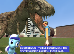Size: 1031x753 | Tagged: safe, minuette, dinosaur, human, pony, tyrannosaurus rex, unicorn, g4, clothes, female, gmod, imminent vore, male, mare, scout (tf2), team fortress 2