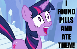 Size: 1100x700 | Tagged: safe, edit, edited screencap, screencap, twilight sparkle, pony, unicorn, g4, my little pony: friendship is magic, season 3, the crystal empire, caption, female, i found pills, i found pills and ate them, image macro, solo, stairs, unicorn twilight