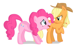 Size: 3820x2412 | Tagged: safe, artist:blackm3sh, applejack, pinkie pie, earth pony, pony, g4, biting, butt bite, duo, female, lesbian, mare, ship:applepie, shipping, simple background, transparent background