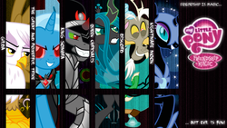 Size: 1920x1080 | Tagged: safe, artist:ddhyuugaman, discord, gilda, king sombra, nightmare moon, queen chrysalis, trixie, griffon, g4, wallpaper