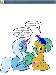 Size: 600x800 | Tagged: safe, artist:dekomaru, snails, trixie, tumblr:ask twixie, g4, ask, brushing, duo, female, filly, glitter shell, hairbrush, lgbt, mare, pride, simple background, trans female, transgender, tumblr, white background