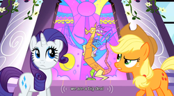 Size: 640x354 | Tagged: safe, screencap, applejack, discord, rarity, g4, the return of harmony, stained glass, youtube caption