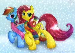 Size: 1782x1253 | Tagged: safe, artist:n1de, fluttershy, rainbow dash, g4, clothes, scarf, snow, snowfall