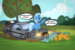 Size: 1200x802 | Tagged: safe, artist:pixelkitties, snails, snips, trixie, pony, unicorn, g4, magic duel, alicorn amulet, back to the future, car, colt, delorean, female, male, mare, parody, slave, slavery, that pony sure does hate wheels, wheel