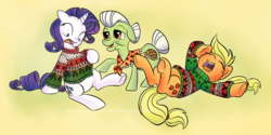 Size: 1466x732 | Tagged: safe, artist:immortaltanuki, applejack, granny smith, rarity, g4, clothes, sweater