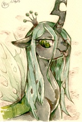 Size: 507x756 | Tagged: source needed, useless source url, safe, artist:mi-eau, queen chrysalis, changeling, changeling queen, g4, crown, female, jewelry, quadrupedal, regalia, sketch, solo, tongue out, traditional art