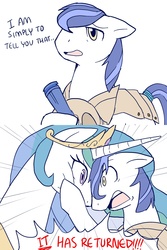 Size: 1024x1536 | Tagged: safe, artist:ponjii, princess celestia, alicorn, earth pony, pony, g4, the crystal empire, 2 panel comic, comic, dialogue, duo, earth pony royal guard, eye contact, female, looking at each other, male, mare, open mouth, royal guard, scene interpretation, speech bubble, stallion