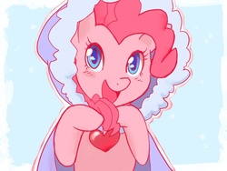 Size: 800x600 | Tagged: safe, artist:ponjii, pinkie pie, earth pony, pony, g4, secret of my excess, cloak, clothes, cute, diapinkes, female, heart, hooded cape, looking at you, open mouth, solo, taffeta cape, winter