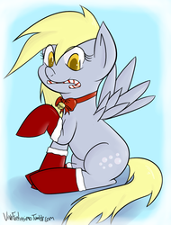 Size: 739x970 | Tagged: safe, artist:vivofortissimo, derpy hooves, pegasus, pony, g4, bell, bell collar, candy, christmas, clothes, collar, female, hearth's warming eve, jingle bells, mare, stockings