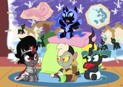 Size: 1768x1250 | Tagged: safe, artist:viraljp, discord, king sombra, nightmare moon, queen chrysalis, alicorn, changeling, changeling queen, draconequus, nymph, parasprite, pony, umbrum, unicorn, baby, baby bottle, baby changeling, baby chrysalis, baby discord, baby draconequus, baby pony, chocolate, chocolate milk, colt, colt sombra, cute, cutealis, diaper, discute, drink, female, filly, foal, heart, male, milk, moonabetes, nightmare woon, pillow, sitting, sombradorable, young, young sombra, younger