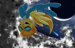 Size: 2333x1500 | Tagged: safe, artist:spitshy, spitfire, pegasus, pony, g4, female, flying, goggles, grin, latex, latex suit, looking at you, mare, moon, sky, smiling, solo, spread wings, stars, upside down, wings, wonderbolts uniform