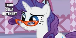 Size: 636x318 | Tagged: safe, edit, edited screencap, screencap, rarity, pony, g4, suited for success, butthurt, glasses, hub logo, image macro, solo