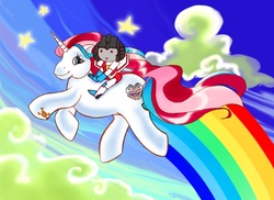 Size: 790x574 | Tagged: dead source, safe, artist:miss-kamikaze, oc, pony, robot, unicorn, g3, duo, duo male and female, female, flying, horn, male, mare, ponified, rainbow, riding, riding a pony, sky, stars, starscream, transformers