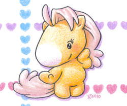 Size: 837x699 | Tagged: safe, artist:askloveletters, milky, pony, g1, bipedal, finger, heart, pink hair, pink mane, solo, takara pony, traditional art, yellow coat