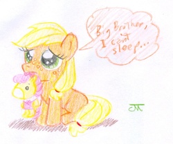 Size: 876x729 | Tagged: safe, artist:jeffmartinez, applejack, earth pony, pony, g1, g4, cute, dialogue, female, filly, filly applejack, plushie, speech bubble, takara pony, toy, traditional art, younger