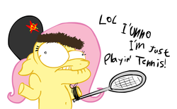 Size: 1451x900 | Tagged: safe, artist:peanutbutter, fluttershy, g4, belly button, communism, hat, russian, shrug, tennis, tennis racket, unibrow, ushanka, wat