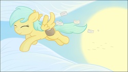 Size: 1920x1080 | Tagged: safe, artist:captainbritish, sunshower raindrops, pegasus, pony, g4, eyes closed, female, filly, filly sunshower raindrops, happy, mail, solo, younger