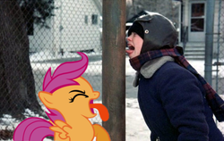 Size: 900x570 | Tagged: safe, scootaloo, pony, g4, a christmas story, flick, hearth's warming eve, irl, photo, pole, ponies in real life, stuck, tongue out, tongue stuck to pole, vector