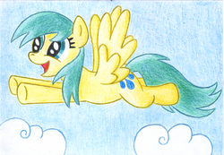 Size: 900x624 | Tagged: safe, artist:legeden, sunshower raindrops, pegasus, pony, g4, female, flying, happy, mare, smiling