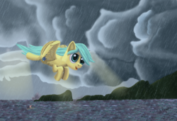 Size: 1024x700 | Tagged: safe, artist:bethiebo, sunshower raindrops, pony, g4, cloud, cloudy, female, flying, ocean, rain, solo, storm, water