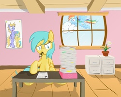 Size: 1000x800 | Tagged: safe, artist:notapseudonym, rainbow dash, sunshower raindrops, g4, cloud, office, paperwork, pencil, potted plant, table, window