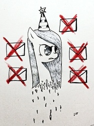 Size: 500x669 | Tagged: safe, artist:danadyu, pinkie pie, g4, disintegration, hat, message, party hat, pinkamena diane pie, traditional art, upset