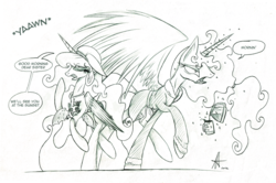 Size: 1500x996 | Tagged: safe, artist:ardas91, princess celestia, princess luna, g4, celestia is not amused, coffee, duo, female, height difference, lanky, long legs, mare, monochrome, morning, morning ponies, sketch, skinny, sternocleidomastoid, tall, thin, unamused